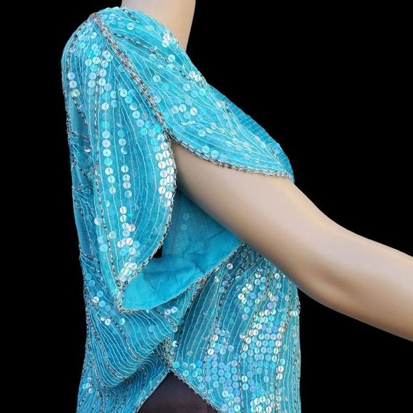 Butterfly Sequin Top Beaded 70s Disco Glam Blue Turquoise Green - Picture 7 of 10